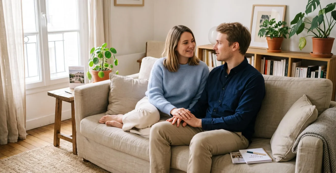 Couple se tenant la main et discutant sereinement de leur budget de mariage dans un environnement apaisant