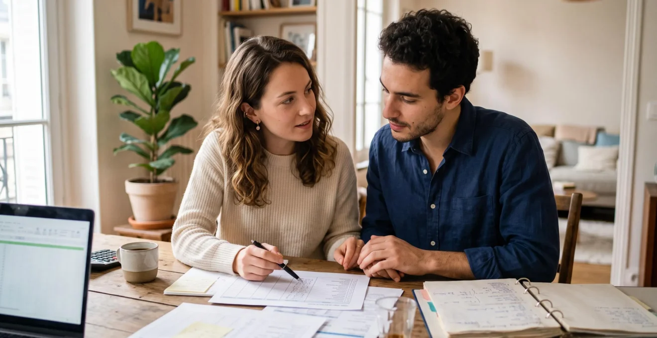 Jeune couple assis à une table planifiant ensemble leur budget de mariage avec des documents et une calculatrice