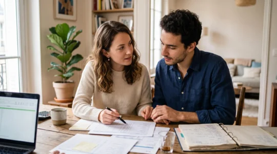 Jeune couple assis à une table planifiant ensemble leur budget de mariage avec des documents et une calculatrice