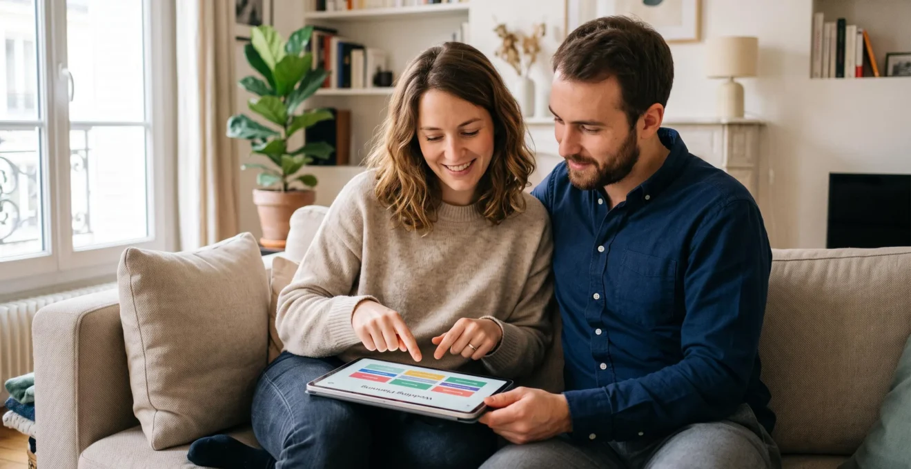 Couple utilisant une tablette pour explorer des solutions modernes de financement de mariage en ligne