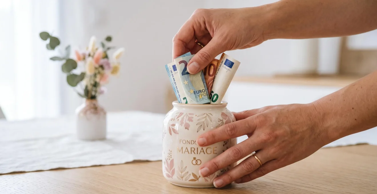 Mains déposant des billets d'euros dans une tirelire dédiée à l'épargne pour le mariage